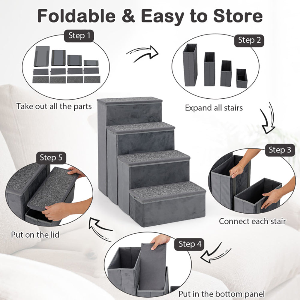 4-Step Foldable Dog Stairs – Non-Slip Adjustable Pet Ramp for Beds & Couches
