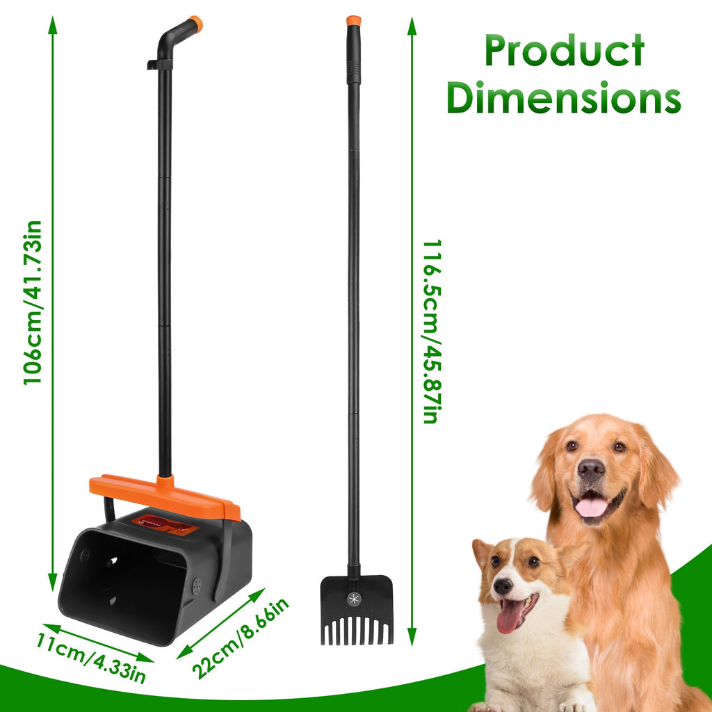 Heavy-Duty Dog Pooper Scooper Kit – Long-Handle Rake & Bin with 35 Waste Bags
