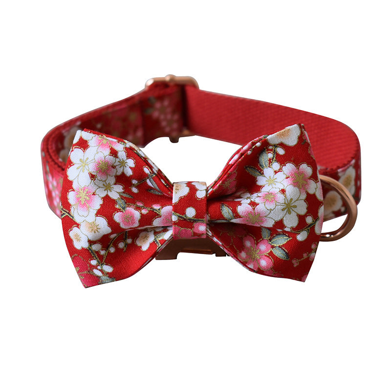 Red Floral Bow Tie Dog Collar & Leash Set – Adjustable Fashion Harness Set for Small to Large Dogs