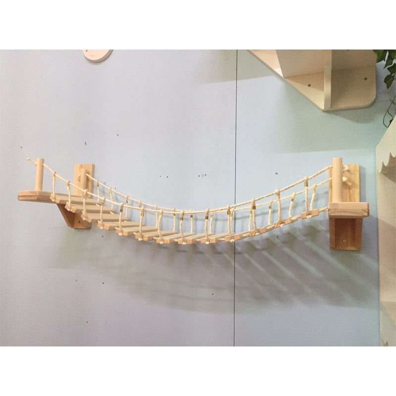 Wall-Mounted Wooden Cat Bridge – Pine Rope Suspension Climbing Shelf