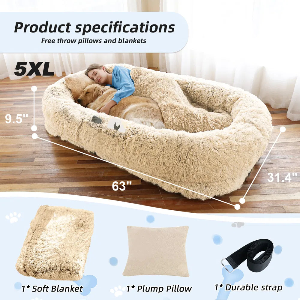 Human-Size Dog Bed with Blanket & Strap – XL Orthopedic Plush Lounger for People and Pets, Washable Faux Fur, Anxiety-Relief Cuddler Bed