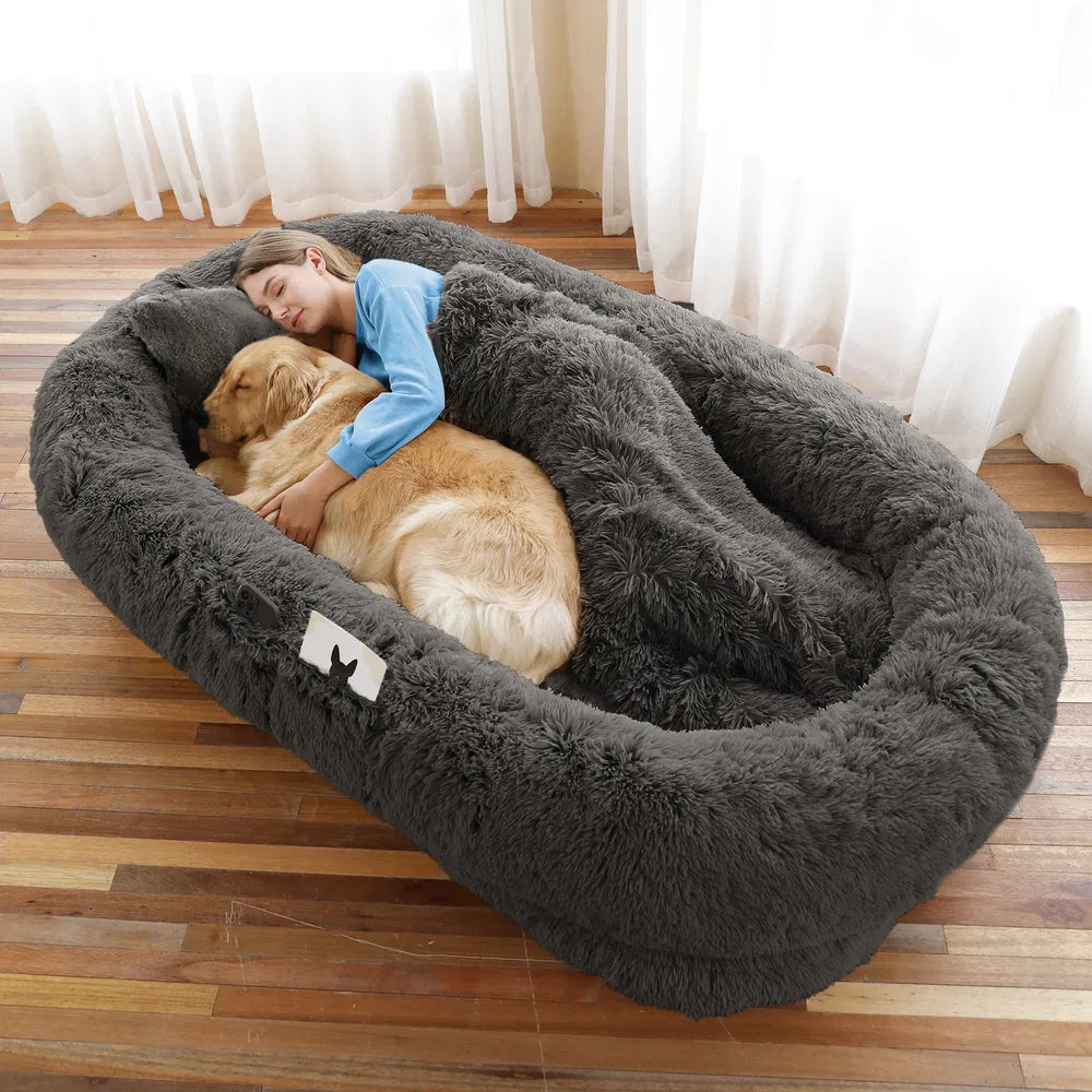 Human-Size Dog Bed with Blanket & Strap – XL Orthopedic Plush Lounger for People and Pets, Washable Faux Fur, Anxiety-Relief Cuddler Bed