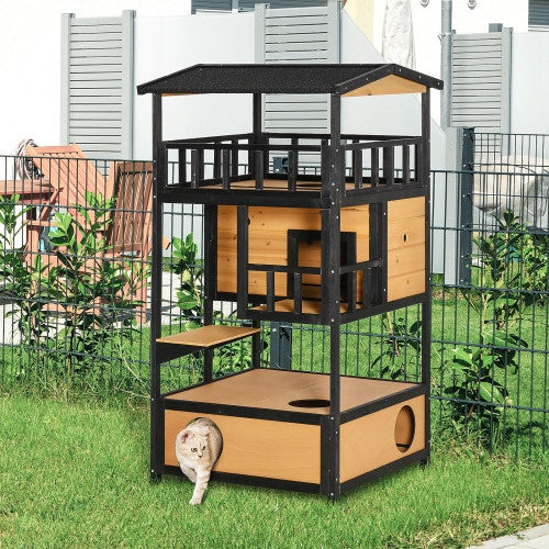 Deluxe Wooden Outdoor Cat House – Multi-Level Weatherproof Cat Shelter & Activity Tower
