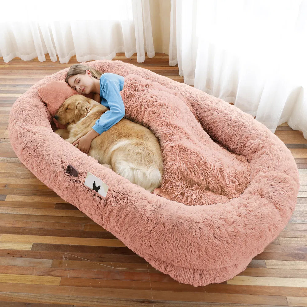 Human-Size Dog Bed with Blanket & Strap – XL Orthopedic Plush Lounger for People and Pets, Washable Faux Fur, Anxiety-Relief Cuddler Bed