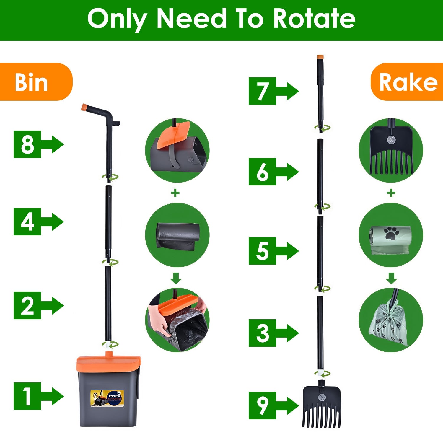 Heavy-Duty Dog Pooper Scooper Kit – Long-Handle Rake & Bin with 35 Waste Bags