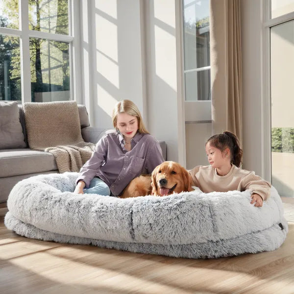 Human-Size Dog Bed with Blanket & Strap – XL Orthopedic Plush Lounger for People and Pets, Washable Faux Fur, Anxiety-Relief Cuddler Bed