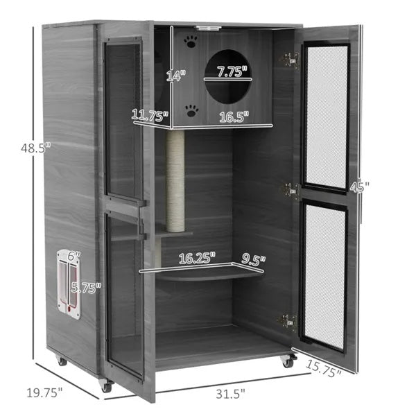 Luxury Cat Villa Condo with Wheels – Multi-Level Cat Apartment with Litter Box Enclosure & Scratching Post