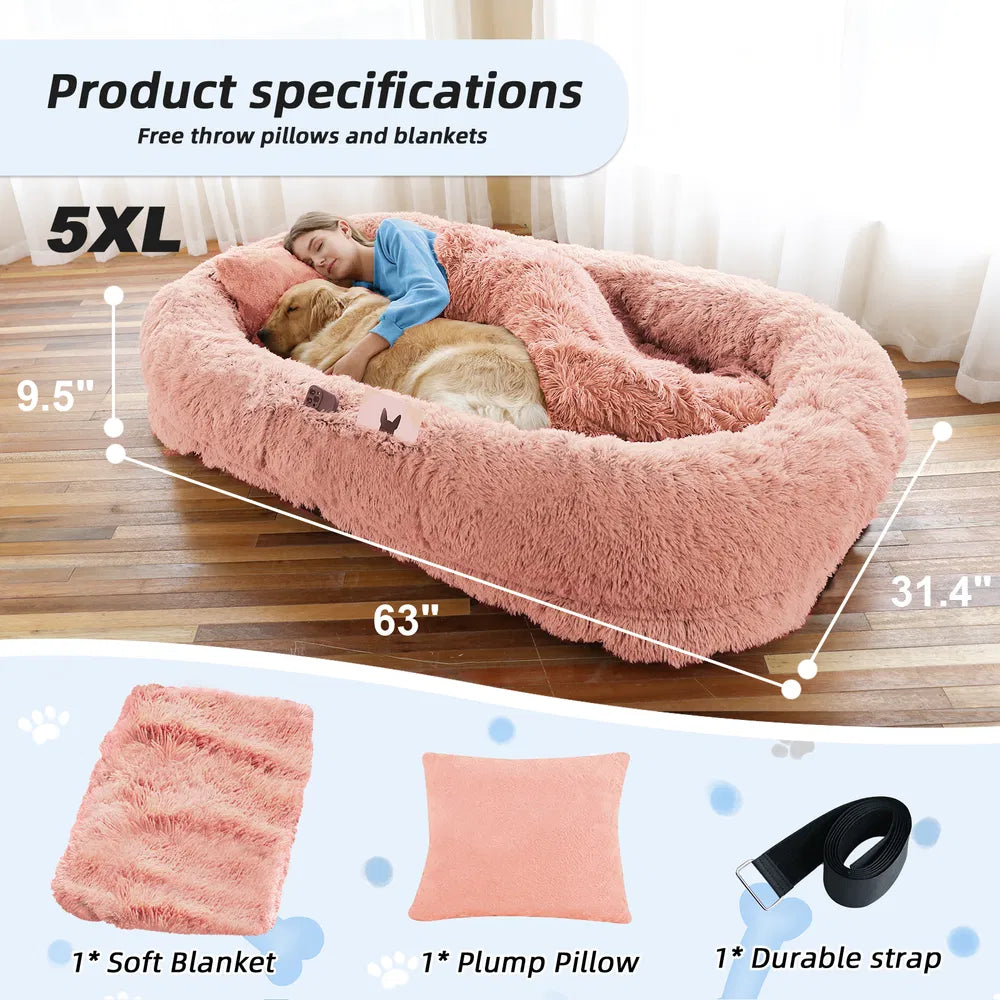 Human-Size Dog Bed with Blanket & Strap – XL Orthopedic Plush Lounger for People and Pets, Washable Faux Fur, Anxiety-Relief Cuddler Bed
