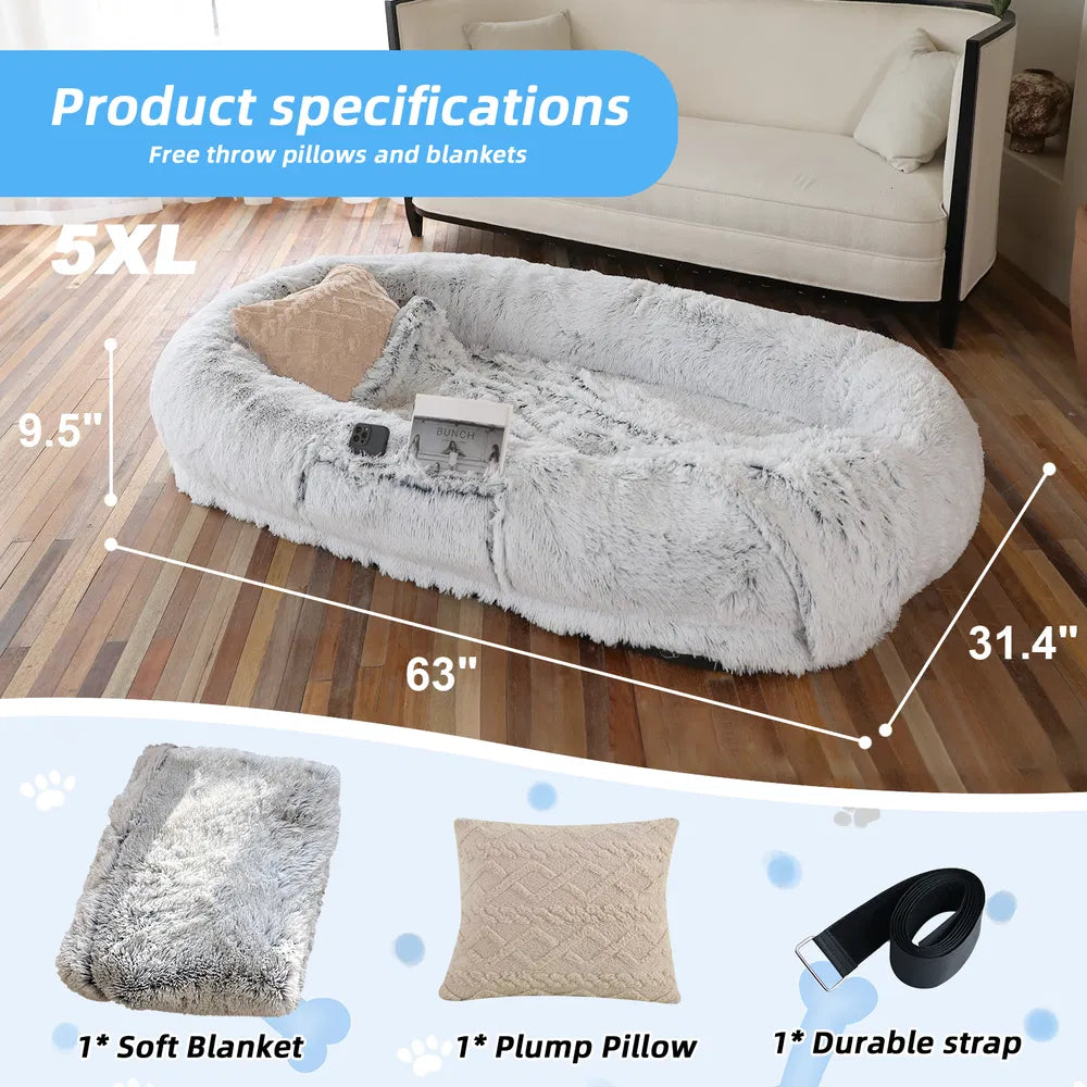 Human-Size Dog Bed with Blanket & Strap – XL Orthopedic Plush Lounger for People and Pets, Washable Faux Fur, Anxiety-Relief Cuddler Bed