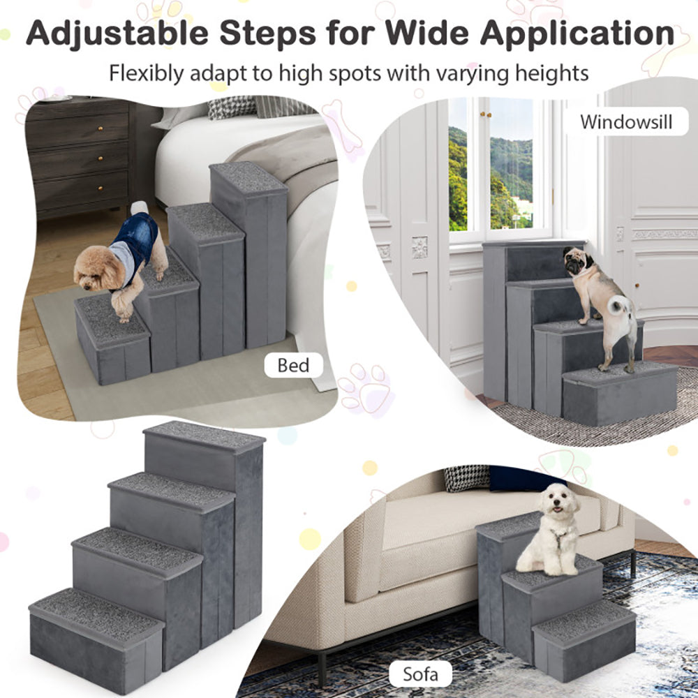 4-Step Foldable Dog Stairs – Non-Slip Adjustable Pet Ramp for Beds & Couches