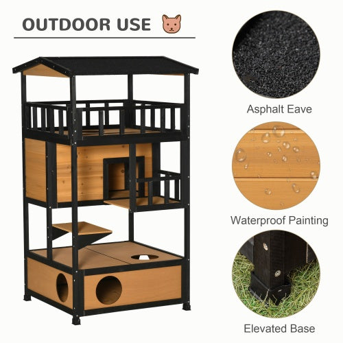 Deluxe Wooden Outdoor Cat House – Multi-Level Weatherproof Cat Shelter & Activity Tower