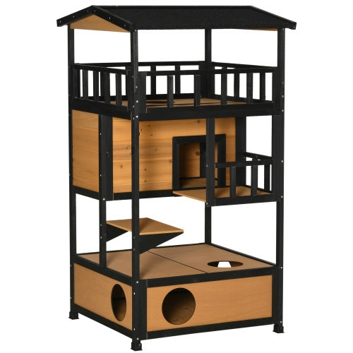 Deluxe Wooden Outdoor Cat House – Multi-Level Weatherproof Cat Shelter & Activity Tower