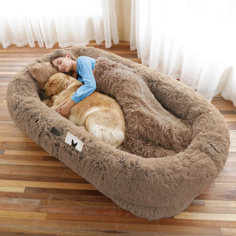 Human-Size Dog Bed with Blanket & Strap – XL Orthopedic Plush Lounger for People and Pets, Washable Faux Fur, Anxiety-Relief Cuddler Bed