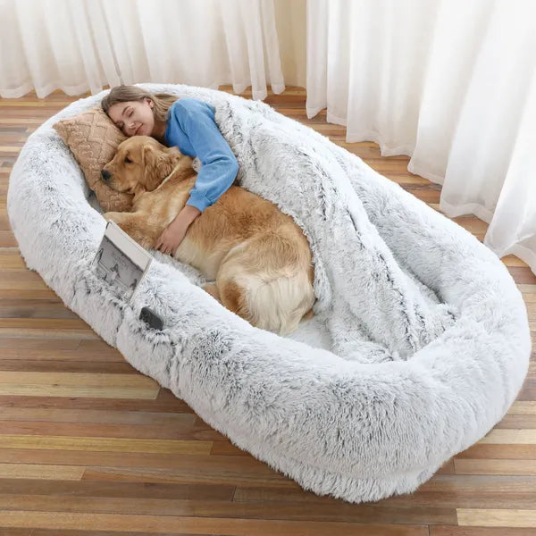 Human-Size Dog Bed with Blanket & Strap – XL Orthopedic Plush Lounger for People and Pets, Washable Faux Fur, Anxiety-Relief Cuddler Bed