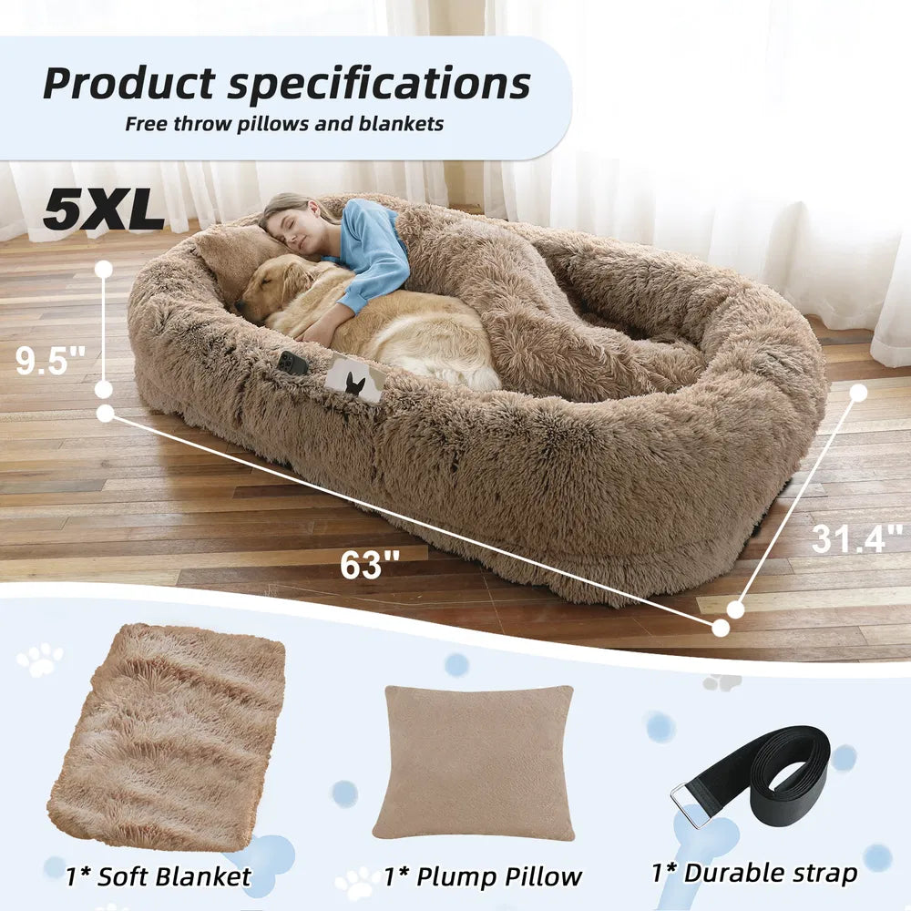 Human-Size Dog Bed with Blanket & Strap – XL Orthopedic Plush Lounger for People and Pets, Washable Faux Fur, Anxiety-Relief Cuddler Bed