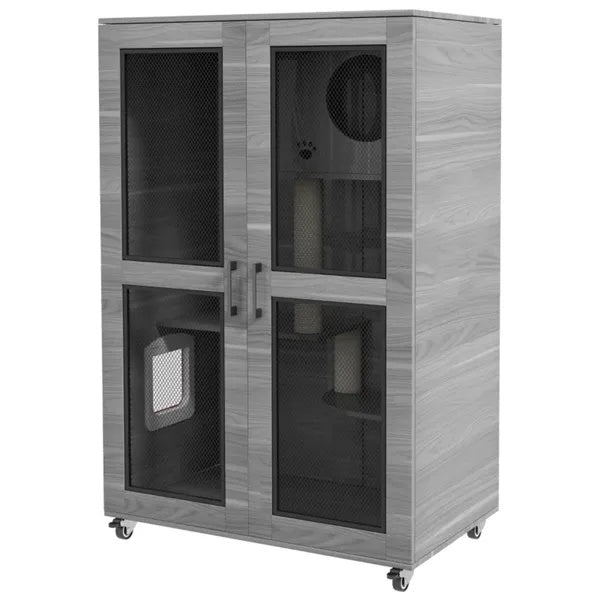 Luxury Cat Villa Condo with Wheels – Multi-Level Cat Apartment with Litter Box Enclosure & Scratching Post