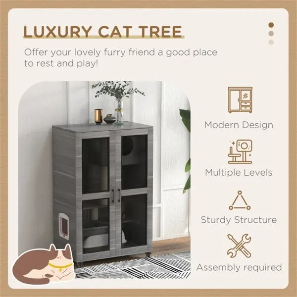 Luxury Cat Villa Condo with Wheels – Multi-Level Cat Apartment with Litter Box Enclosure & Scratching Post