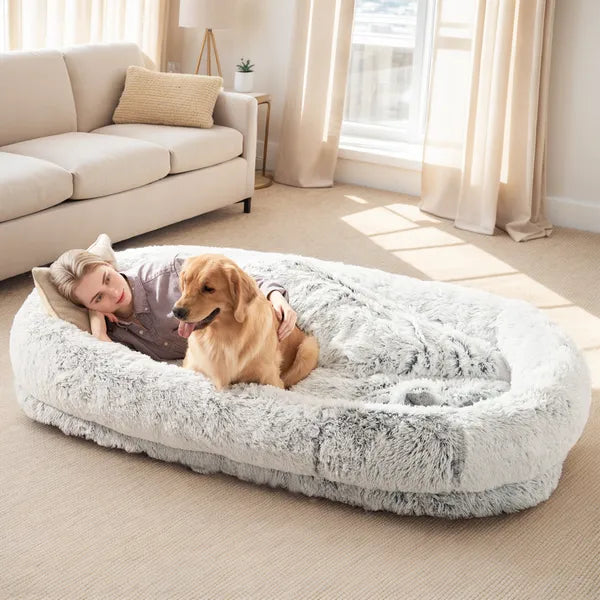 Human-Size Dog Bed with Blanket & Strap – XL Orthopedic Plush Lounger for People and Pets, Washable Faux Fur, Anxiety-Relief Cuddler Bed
