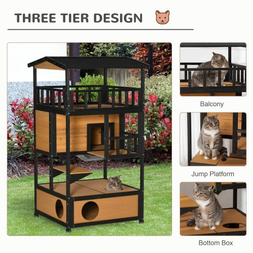 Deluxe Wooden Outdoor Cat House – Multi-Level Weatherproof Cat Shelter & Activity Tower
