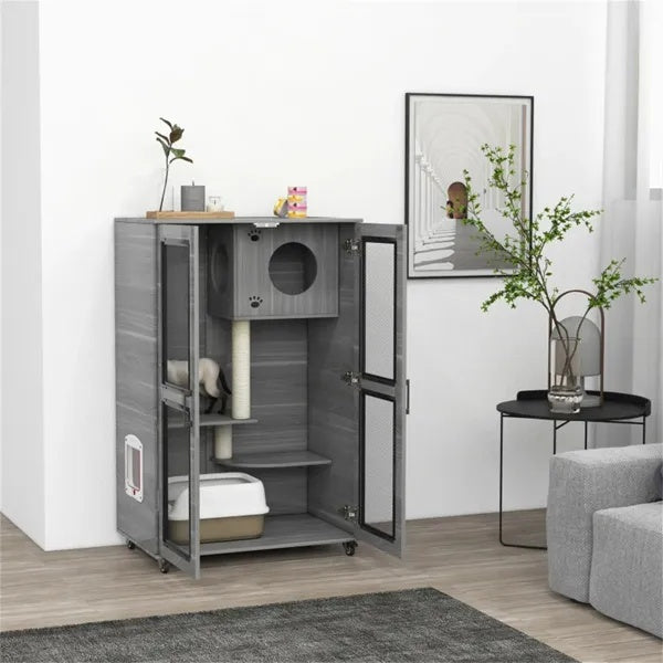 Luxury Cat Villa Condo with Wheels – Multi-Level Cat Apartment with Litter Box Enclosure & Scratching Post