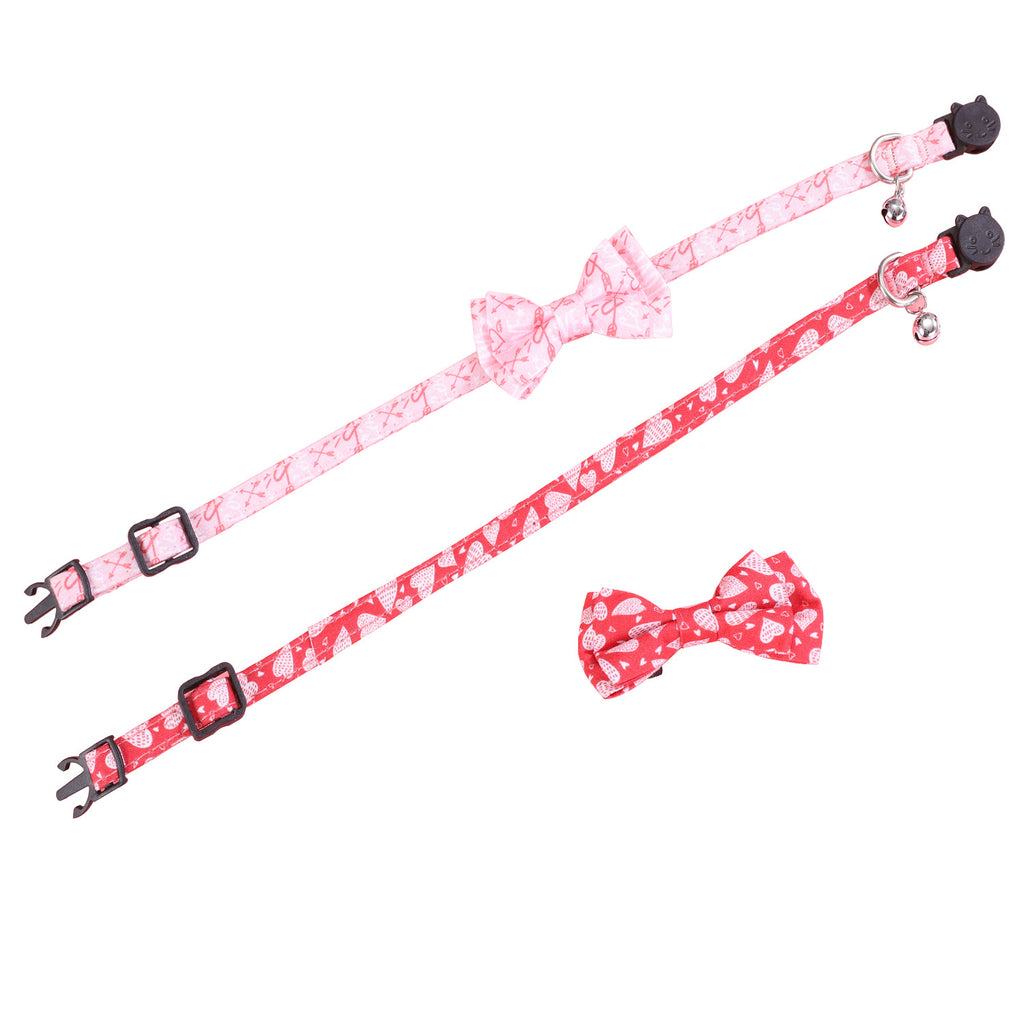 Valentine’s Day Pink Heart Bow Tie Pet Collar – Adjustable Cat & Small Dog Collar with Bell