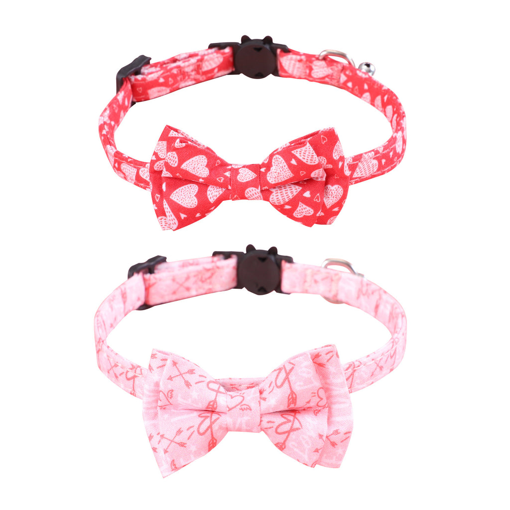 Valentine’s Day Pink Heart Bow Tie Pet Collar – Adjustable Cat & Small Dog Collar with Bell