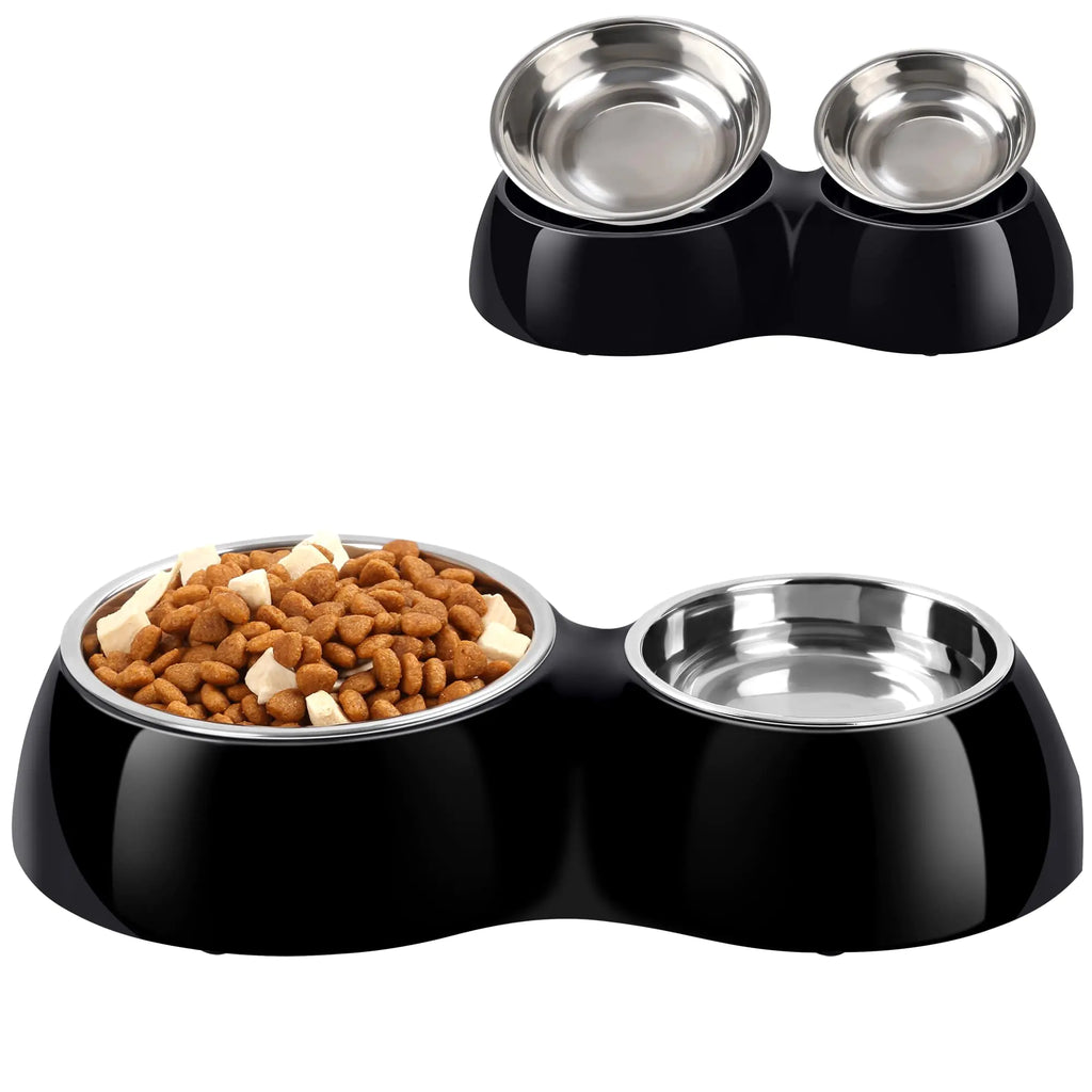 Petvillage Dog Bowls Double Dog Bowls and Food BowlsIncludes Medium (13.9 fl oz) & Large (29.8 fl oz) Bowls& Non-Slip Resin StationPet Feeder Bowls for Puppy Medium Dogs Cats- Black