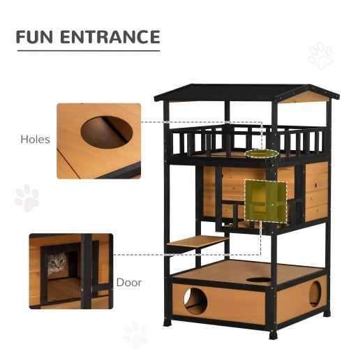 Deluxe Wooden Outdoor Cat House – Multi-Level Weatherproof Cat Shelter & Activity Tower