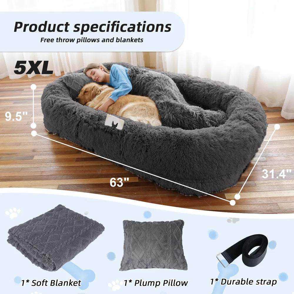 Human-Size Dog Bed with Blanket & Strap – XL Orthopedic Plush Lounger for People and Pets, Washable Faux Fur, Anxiety-Relief Cuddler Bed