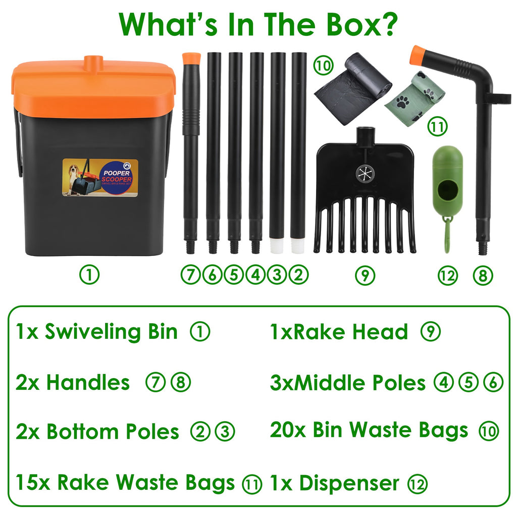 Heavy-Duty Dog Pooper Scooper Kit – Long-Handle Rake & Bin with 35 Waste Bags