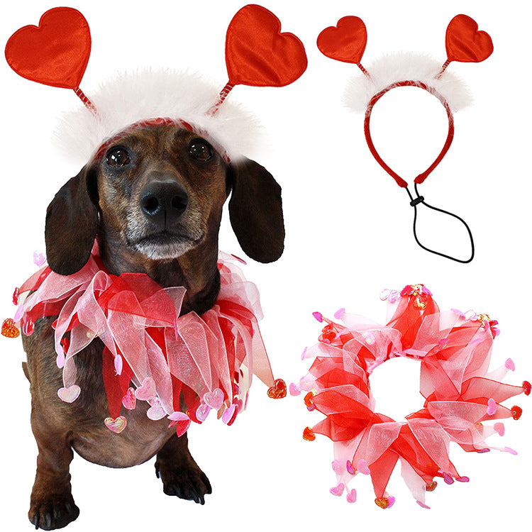 Valentine’s Day Dog Costume Set – Heart Antenna Headband & Tulle Collar Pet Photo Prop