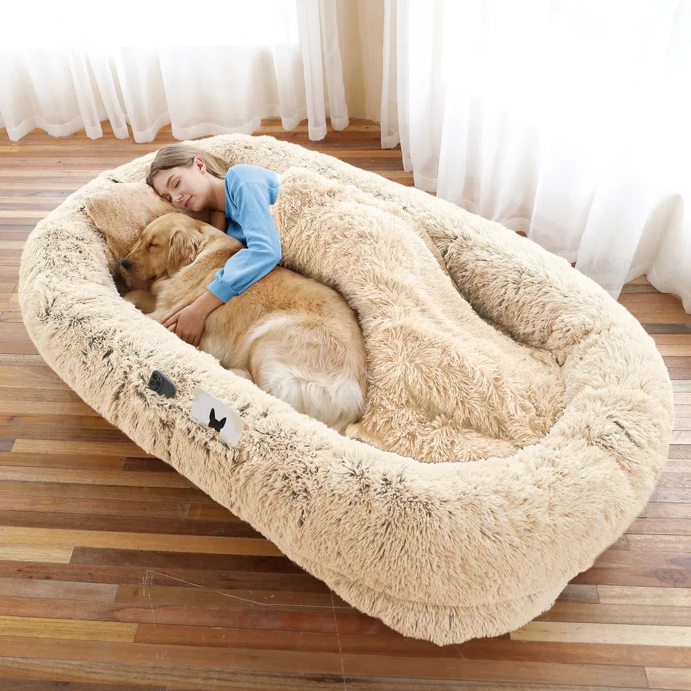 Human-Size Dog Bed with Blanket & Strap – XL Orthopedic Plush Lounger for People and Pets, Washable Faux Fur, Anxiety-Relief Cuddler Bed